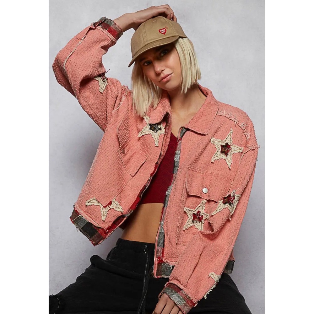 New POL Pink Textured Twill Star Patch Plaid Trim Relaxed Fit Zip Up Jacket M